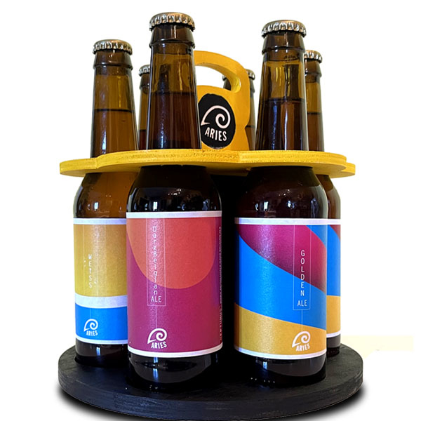 Porta bottiglie circolare in legno dipinto a mano, 6 bottiglie birra artigianale aries 33cl