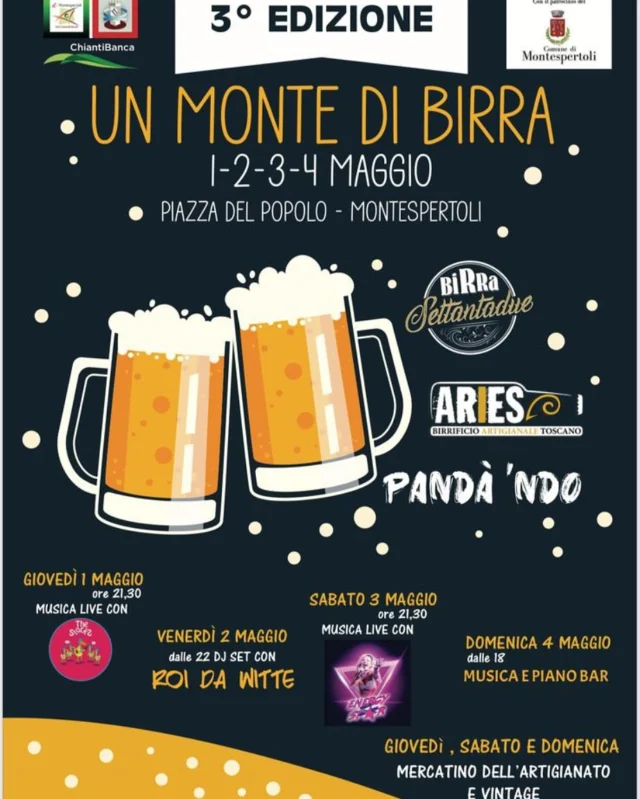 MONTESPERTOLI 🍻 ci siamo! Pronti per #unmontedibirra 4 giorni di musica, birra e divertimento! 

Dal 1° al 4 maggio, Piazza del Popolo a Montespertoli si trasforma nel cuore pulsante del gusto e del divertimento con la 3ª edizione di “Un Monte di Birra”. Quattro giorni da non perdere, tra birre artigianali, musica live, dj set, mercatini vintage e dell’artigianato, e naturalmente uno spazio ristoro gestito con passione dall’Associazione Commercianti
 @birra.72 @panda.ndo  @birrificioaries